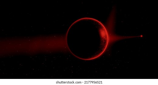 Red planet and glowing light in deep space. Meteor and shining stars in dark space. “3D illustration”