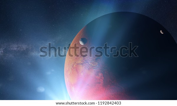 red planet Mars with moons Phobos and\
Deimos and the Sun, members of the solar system (3d space\
rendering, elements of this image are furnished by\
NASA)