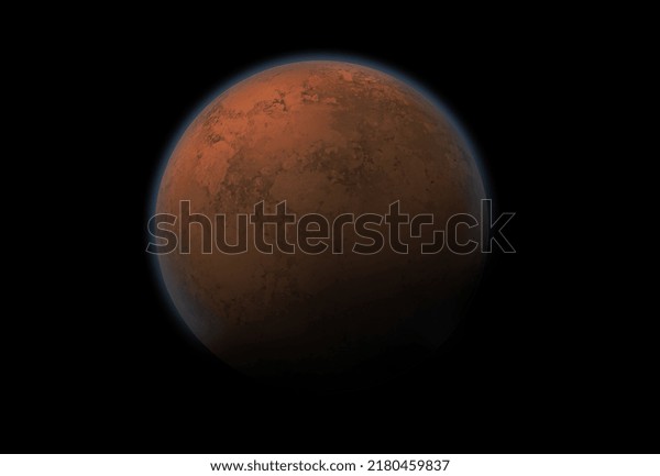 Red planet Mars\
of the solar system over black space. 3D illustration of red planet\
Mars surface\
exploration.