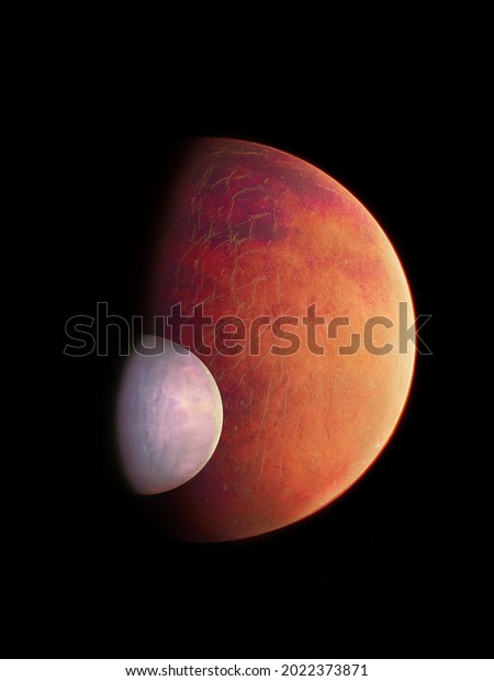 Red planet with\
satellite. Mars in the distant past had a moon. Planets of the\
solar system 3d illustration.\
