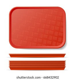 Red Plastic Tray Salver. Classic Rectangular Red Plastic Tray, Plate With Handles. Top View. Restaurant, Fast Food, Kitchen Close Up Tray Isolated