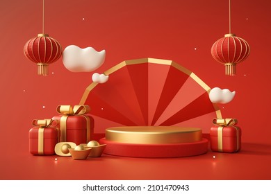 Red Podium Chinese New Year And Gift Box Product Stand Podium Background Pedestal 3D Rendering