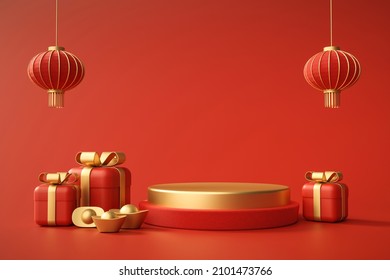 Red Podium CNY And Gift Box Product Stand Podium Background Pedestal 3D Rendering