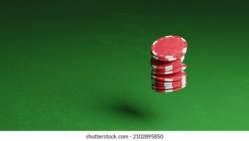 Red Poker Chips Flying Above A Green Casino Table. Stop Motion. 3D Illustration.