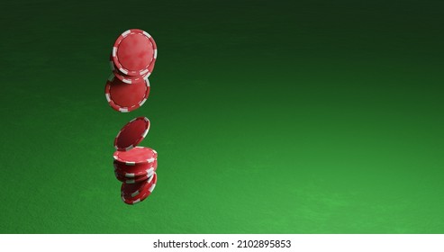 Red Poker Chips Flying Above A Green Casino Table. Stop Motion. 3D Illustration.