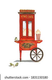 Red Popcorn Cart Old Style Watercolor Illustration