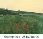 Red poppies (1910) oil painting by František Kaván. Poppy flower field on yellow sky. Vintage botanical flower art drawing illustration, old floral meadow painting art print.