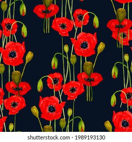 Red Poppies Seamless Pattern On A Dark Blue Background.