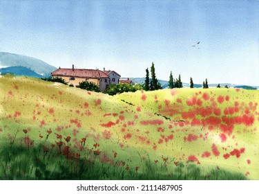 Red Poppy Flower Toscana Field With Some Houses, Trees, Hills And A City On A Background