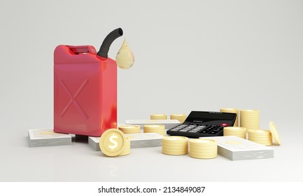 Red Portable Oil Tank With Fuel Dripping Out Situation Of High Oil Crisis. Expensive Oil, Fuel, Oil Flows Into Coin US Dollars Money Cash On White Isolated Background 3d Rendering Illustration