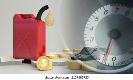 Red Portable Oil Tank With Fuel Dripping Out Situation Of High Oil Crisis. Expensive Oil, Fuel, Oil Flows Into Coin US Dollars Money Cash On White Isolated Background 3d Rendering Illustration