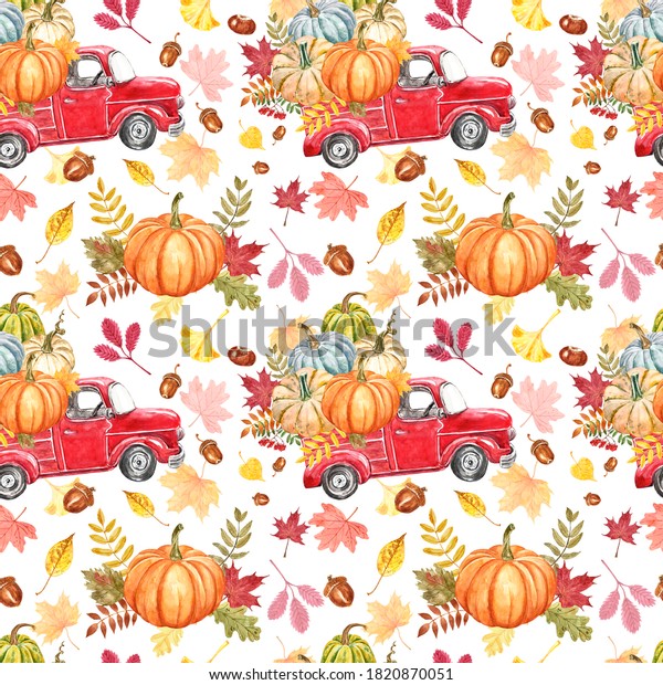 Red pumpkin\
truck seamless pattern. Watercolor fall repeat print. hand painted\
vintage red pickup car with pumpkins, colorful leaves on white\
background. Thanksgiving themed\
design.