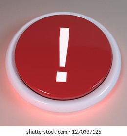 Red Push Button, Exclamation Mark Displayed On Button - Unknown Outcome Concept, Surprise Event, Emergency, Unexpected Event, Highlight Topic, Urgent News, Error Alert, 3D Rendering Illustration