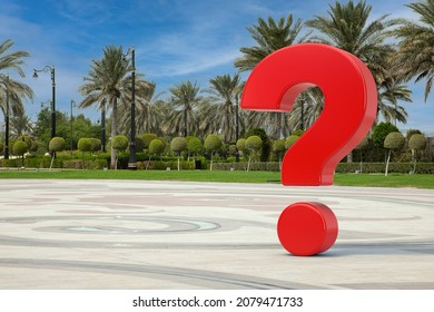  Red Question Mark in Empty City Street with Palm Trees extreme closeup. 3d Rendering