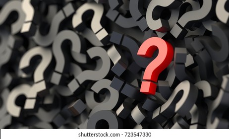 Red question mark on a background of black signs. 3D Rendering.