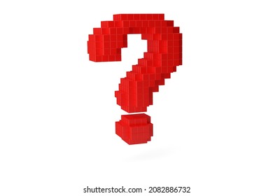 Red question mark symbol made from pixels or voxels over white background, video game style faq, problem or questions concept, 3D illustration