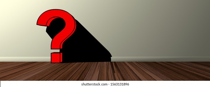 Red Question Marks Against Wood Floor And Wall Background, Pop Art, Cartoon, Banner, Copy Space