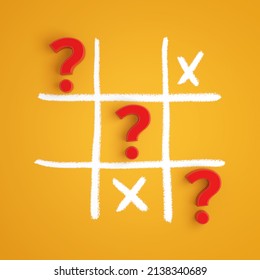 Red Question Marks In Tic Tac Toe Game On A Red Background. 3d Rendering