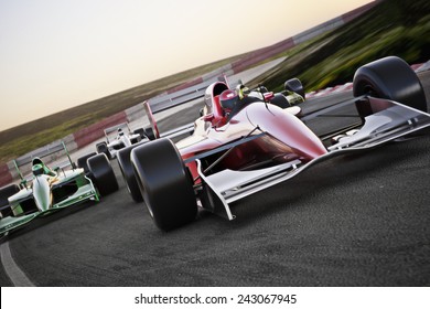 Red race car close up front view on a track leading the pack with motion Blur. Room for text or copy space
