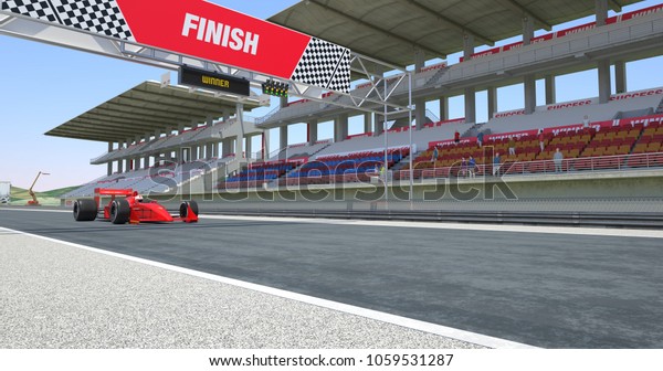 Red Racing Car Crossing Finish\
Line On Racing Track - High Quality 3D Rendering With\
Environment
