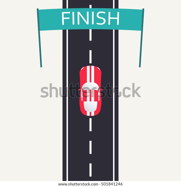Red racing car crossing the finish line. Car\
Race design template in flat style with asphalt road and sport car\
icon. Top view background.\
