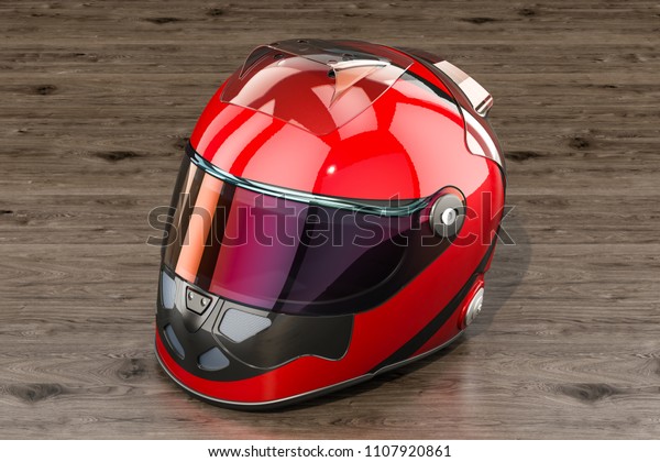 Red\
Racing Helmet on the wooden table, 3D\
rendering