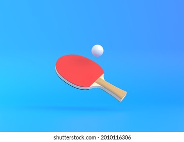 Red racket for table tennis with white ball on blue background. Ping pong sports equipment. Minimal creative concept. 3d rendering illustration