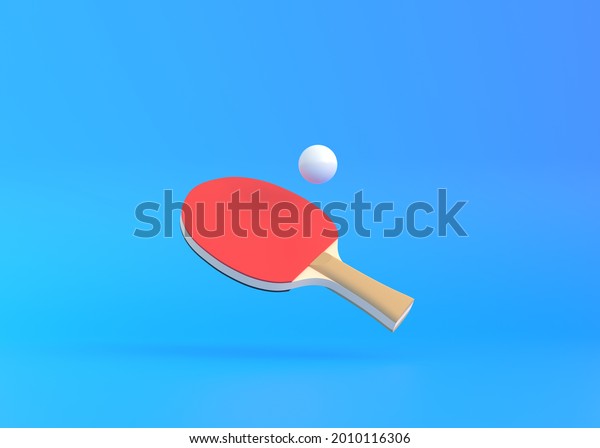 Red racket for table tennis with white ball\
on blue background. Ping pong sports equipment. Minimal creative\
concept. 3d rendering\
illustration