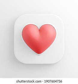 Red Realistic Heart Icon, Square White Button. 3d Rendering