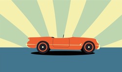Red Retro Car Background In American Style On A Striped Background. Vintage Retro And Various Purposes.