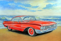 Red Retro Car And Sea, Painting, Watercolor, Acrilic