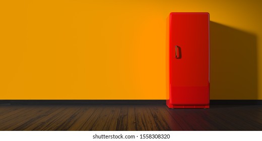 Red Retro Fridge In An Empty Room Studio Kitchen Interior Mockup With Yellow Walls As Copy Space - 3d Render