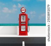 Red Retro Gas Pump in Front of Sea Blue Sky Background extreme closeup. 3d Rendering