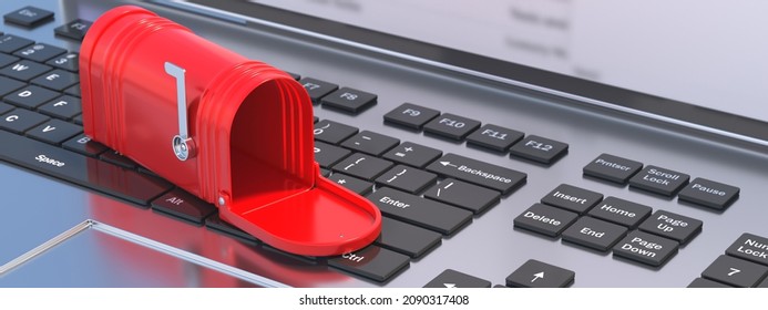 Red Retro Mailbox Empty Open With Raised Flag On Computer Keyboard. Email Inbox. New Mail Incoming In The Postbox. 3d Illustration