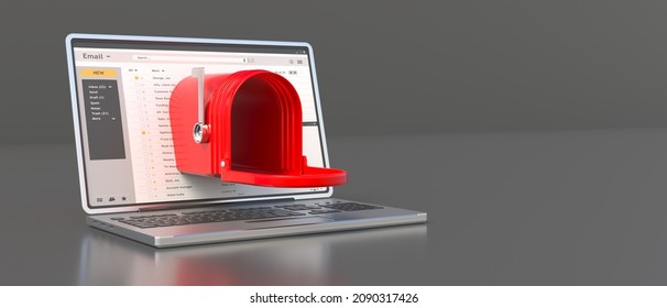 Red Retro Mailbox Open Empty With Raised Flag Out Of A Laptop Screen, Grey Background. Email Inbox. New E Mail Incoming In The Office. 3d Illustration