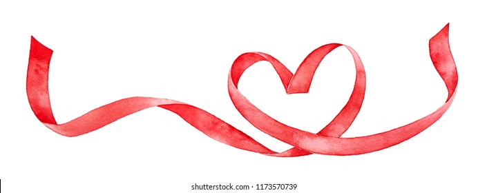 Red ribbon shaped as love heart. Hand drawn water color gradient painting on white background, cutout element for design decoration. Valentine's day card, wedding invitation, medical cardio graphic. - Powered by Shutterstock