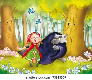 Red Riding Hood And The Big Bad Wolf In The Wood.