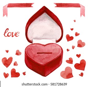 Red ring box heart shaped watercolor illustration with hearts, love lettering and ribbons for engagement Valentine's day card - Powered by Shutterstock