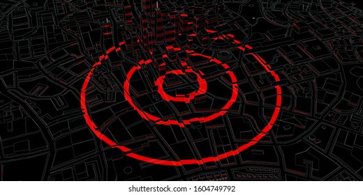 Red Rings Of Epicenter In The Black City. 3d Rendering