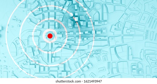 Red Rings Of Epicenter In The Low Poly City Top View. 3d Rendering