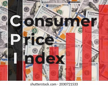 Red rising graph on dollar bills background and text Consumer Price Index. Financial Market Concept