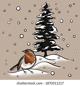 Red Robin with Snow Covered Tree Winter Digital Illustration