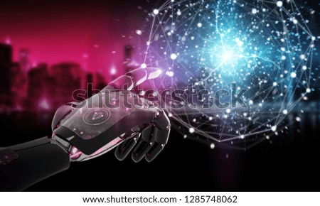 Red robot hacking a digital globe system on dark background 3D rendering