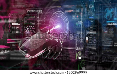 Red robot hacking a system with digital screens on dark background 3D rendering