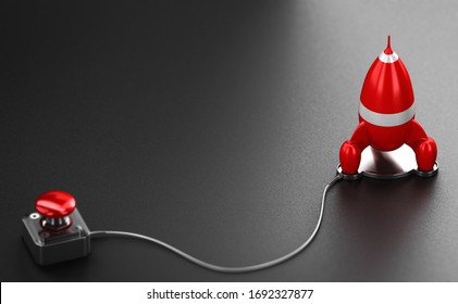 Red rocket and launcher over black background. Business or marketing strategy booster concept. 3D illustration.