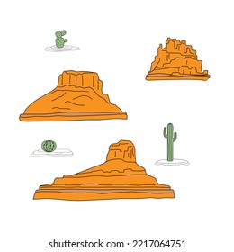 Red Rocks, Isolated Mountains, And Cactus Icons On White Background