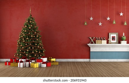 Red Room With Christmas Tree And Decoration -rendering