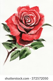 Red Rose Flower Original Watercolor Painting