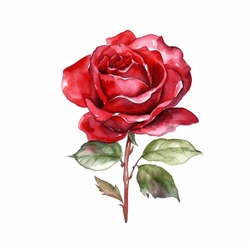 Red Rose Single Flower Isolated Watercolor Illustration Painting Botanical Art Transparent White Background Greeting Card Stationary Wedding Bridal Home Decor