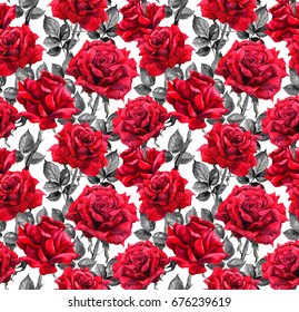 Red Roses, Black Leaves. Vintage Gothic Seamless Pattern. Watercolor